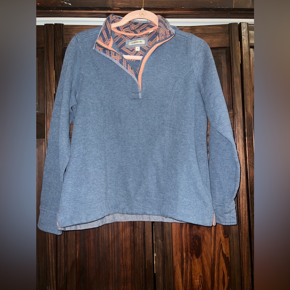 Orvis Men‎ Quarter Zip Pullover Size Small Blue Knit Orange Trim